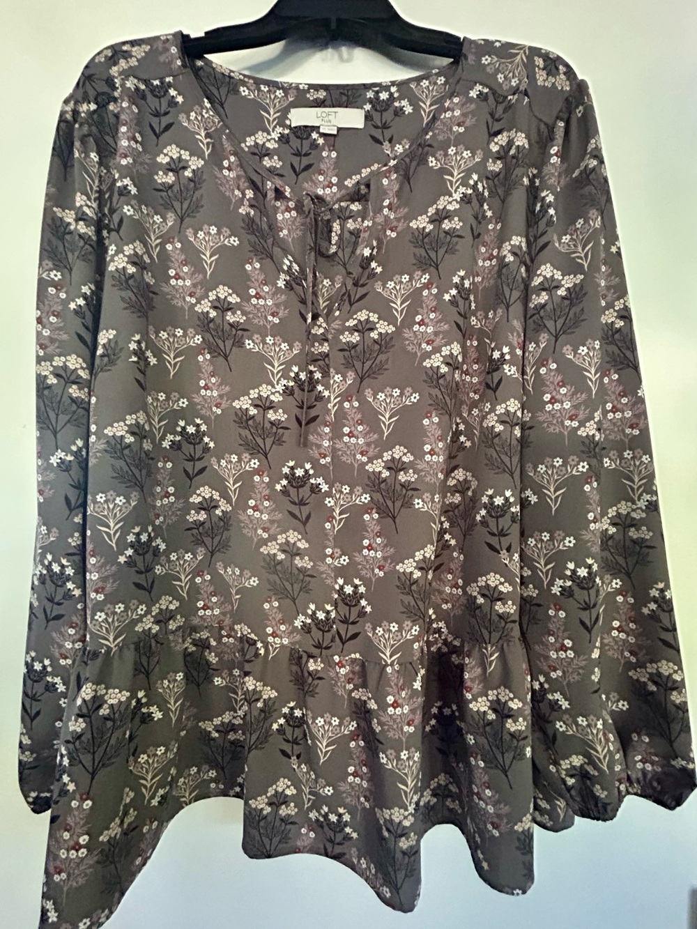 LOFT Gray Floral Peasant Tunic with Subtle Pink Accents